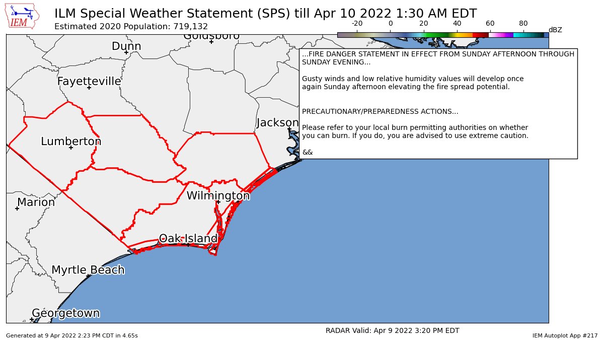 FIRE DANGER STATEMENT IN EFFECT FROM SUNDAY AFTERNOON THROUGH SUNDAY EVENING for Bladen, Coastal Brunswick, Coastal New Hanover, Coastal Pender, Columbus, Inland Brunswick, Inland New Hanover, Inland Pender, Robeson [NC] till 1:30 AM EDT mesonet.agron.iastate.edu/p.php?pid=2022…