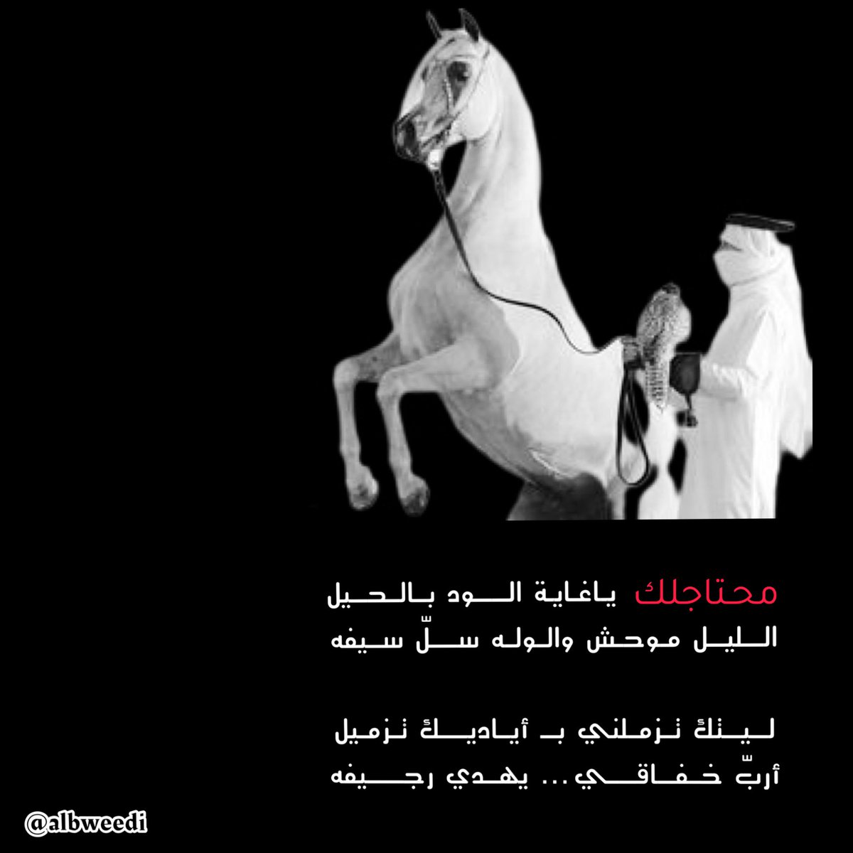 albweedi's tweet photo. ╭⇠⇠⇠🤍

╭⇠⇠🤍

╭⇠🤍
┊
محتـاجلك ياغـاية الـود بالحـيل
الليل موحـش والوله سلّ سيفه

ليـتك تزمــلني بــ أياديـك تزميل
أربّ خـفـاقـي ,,, يهـدي رجـيفه
-
#بشير_البويدي 
- https://t.co/t7OxwyBm7G