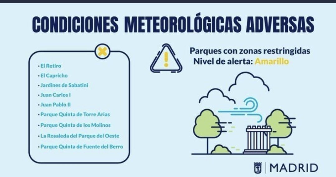 📢 Este domingo, 10 de abril, de 15:00 a 21:00 h se activa la alerta amarilla 🟡 por condiciones meteorológicas adversas según previsiones de <a href="/AEMET_Esp/">AEMET</a>. El Retiro y otros ocho parques de la ciudad mantendrán zonas balizadas .
👉informate.madrid.es/jol6d54