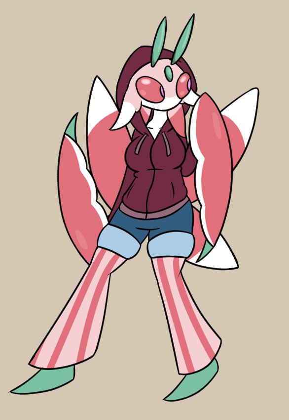 A shy little Lurantis hiding under her hood! I haven't drawn Camie as an anthro Lurantis in so long, I'm sorry if she looks off. I've been a little Inspired by TinderSkitty to draw her again!