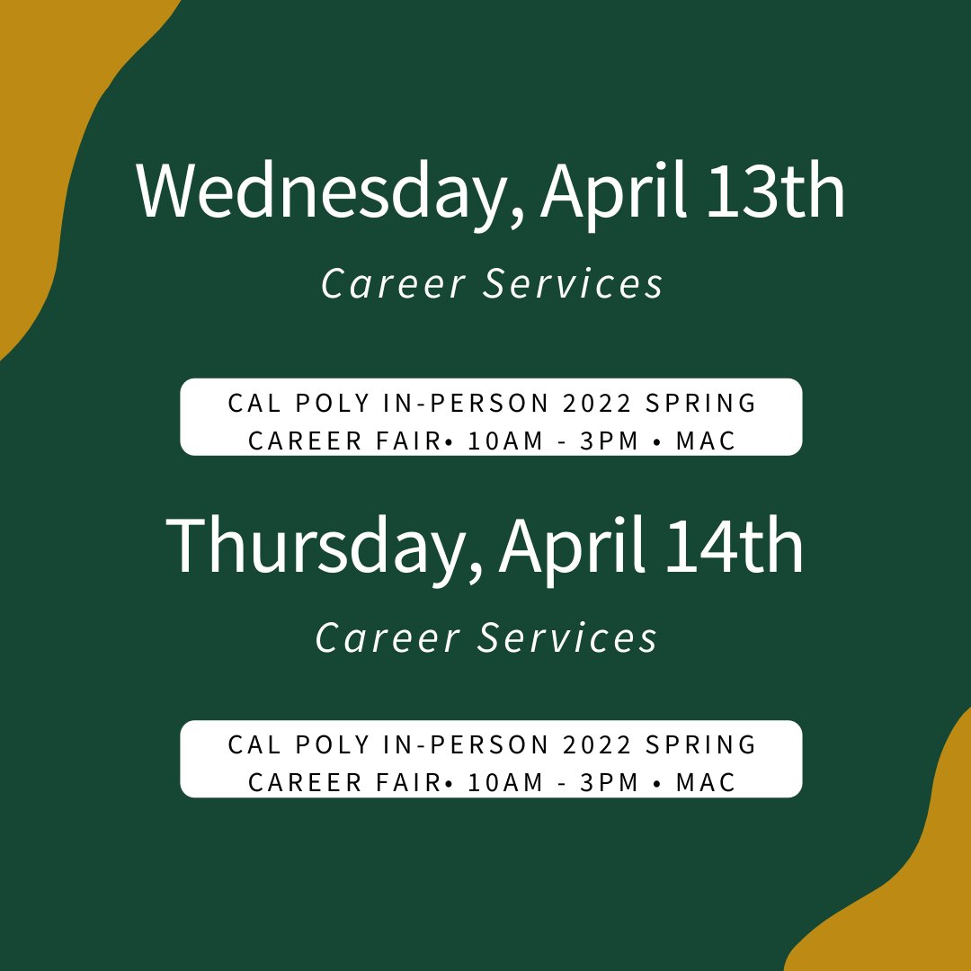 Hello everyone! Here are the events to look forward to this week! We are really excited for our spring career fair happening this Wednesday and Thursday at the MAC along with the other great events being offered! We look forward to seeing you all there!