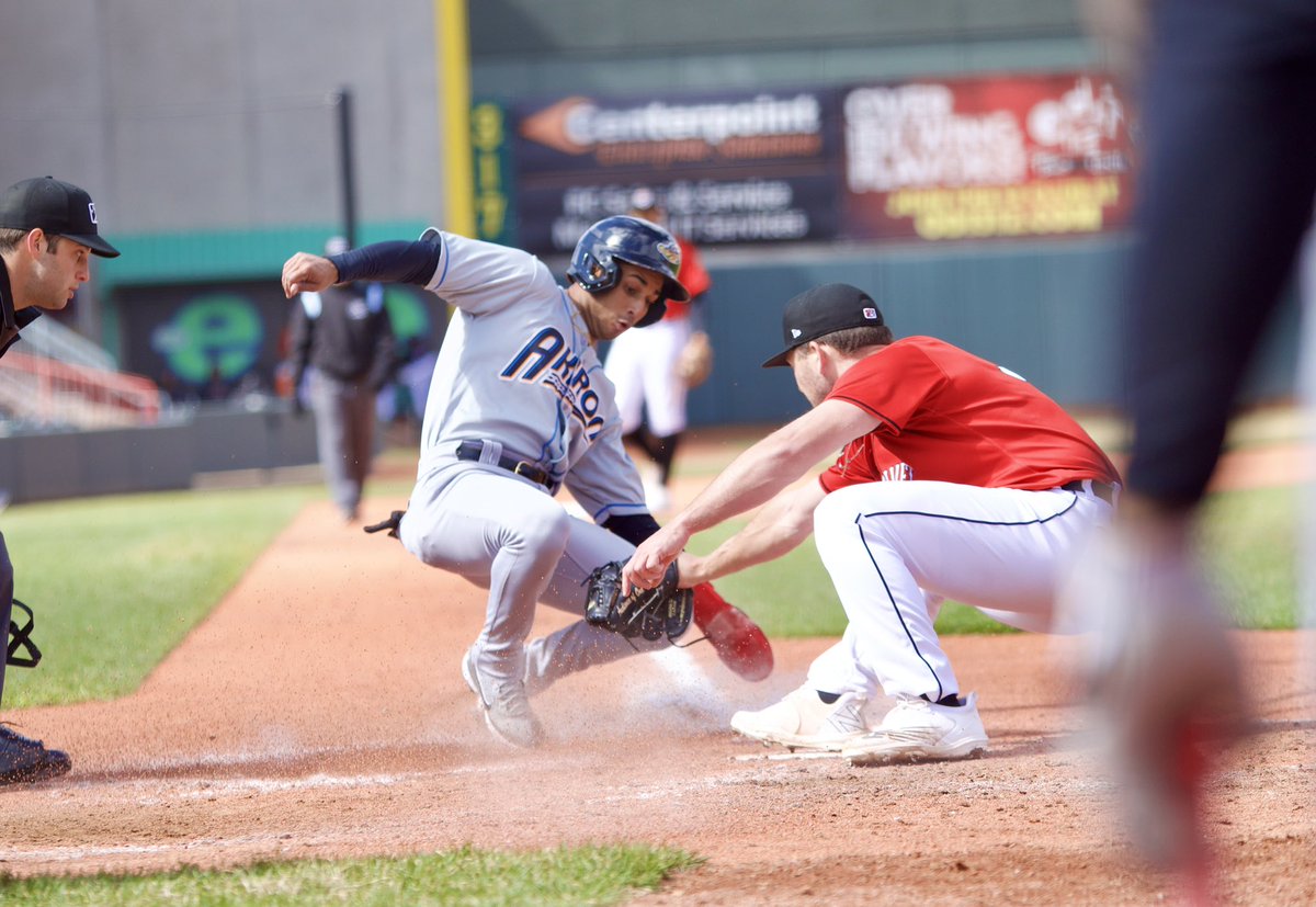 Close call. <a href="/AkronRubberDuck/">Akron RubberDucks</a> Brayan Rocchio is tagged out at home by <a href="/erie_seawolves/">Erie SeaWolves</a> pitcher Jared Tobey <a href="/MiLB/">Minor League Baseball</a> #milb