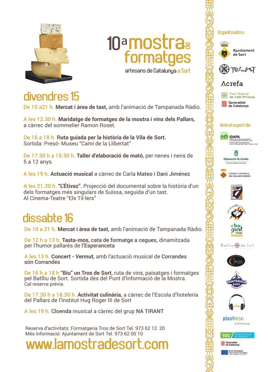 pnaltpirineu's tweet image. Apassionats dels formatges! 🧀
El proper div 15 i dis 16 de Setmana Santa organitzem junt amb @ajuntamentsort, #TrosdeSort i #ACREFA la 10a Mostra de Formatges Artesans de Catalunya amb un programa molt complet i on no faltaran les formatgeries del #PNAltPirineu. No hi falteu!