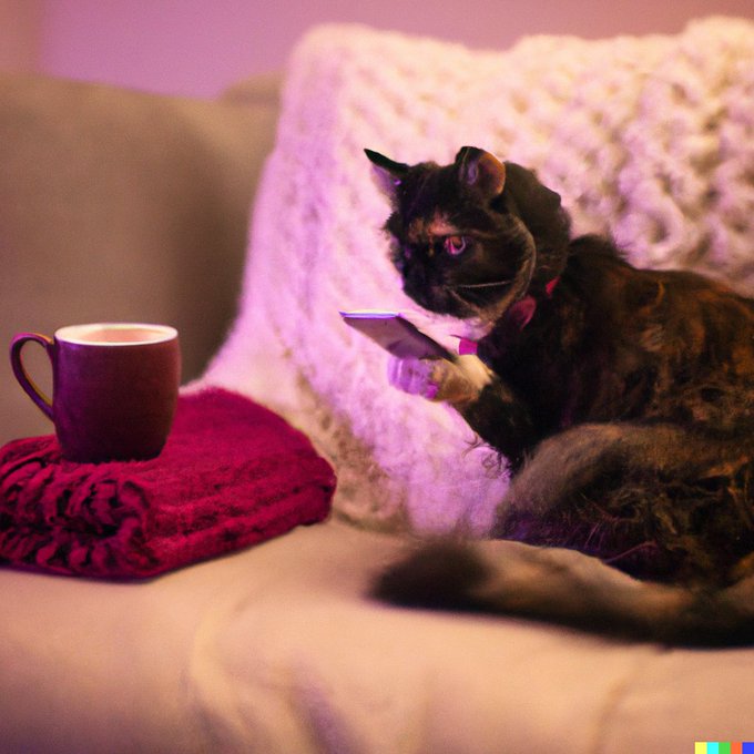 Image Generated by OpenAI DALL E-2: "Cat sipping tea and posting to twitter while sitting on a couch"