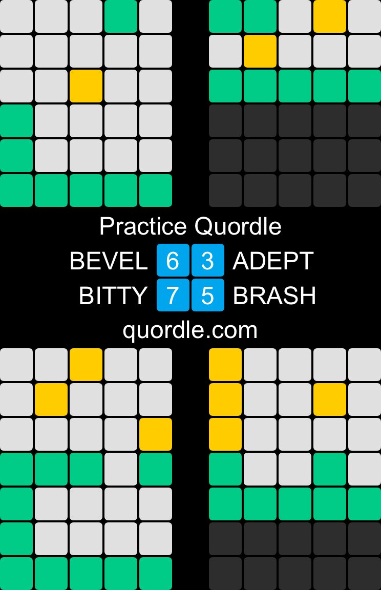 Practice Quordle
6️⃣3️⃣ BEVEL - ADEPT
7️⃣5️⃣ BITTY - BRASH
quordle.com #sibsilk