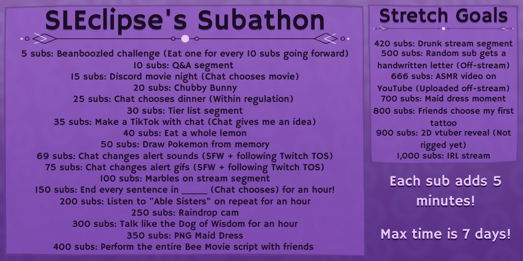 SLEclipsed's tweet photo. You’re formally invited to SLEclipse’s Moving Subathon! Starting April 12th at 4pm EST, each sub adds 5 minutes and 100 bits adds 1 minute!

*Please note that IRL stream might change to IRL Vlog Video posted to YouTube* https://t.co/7copmjMrKR