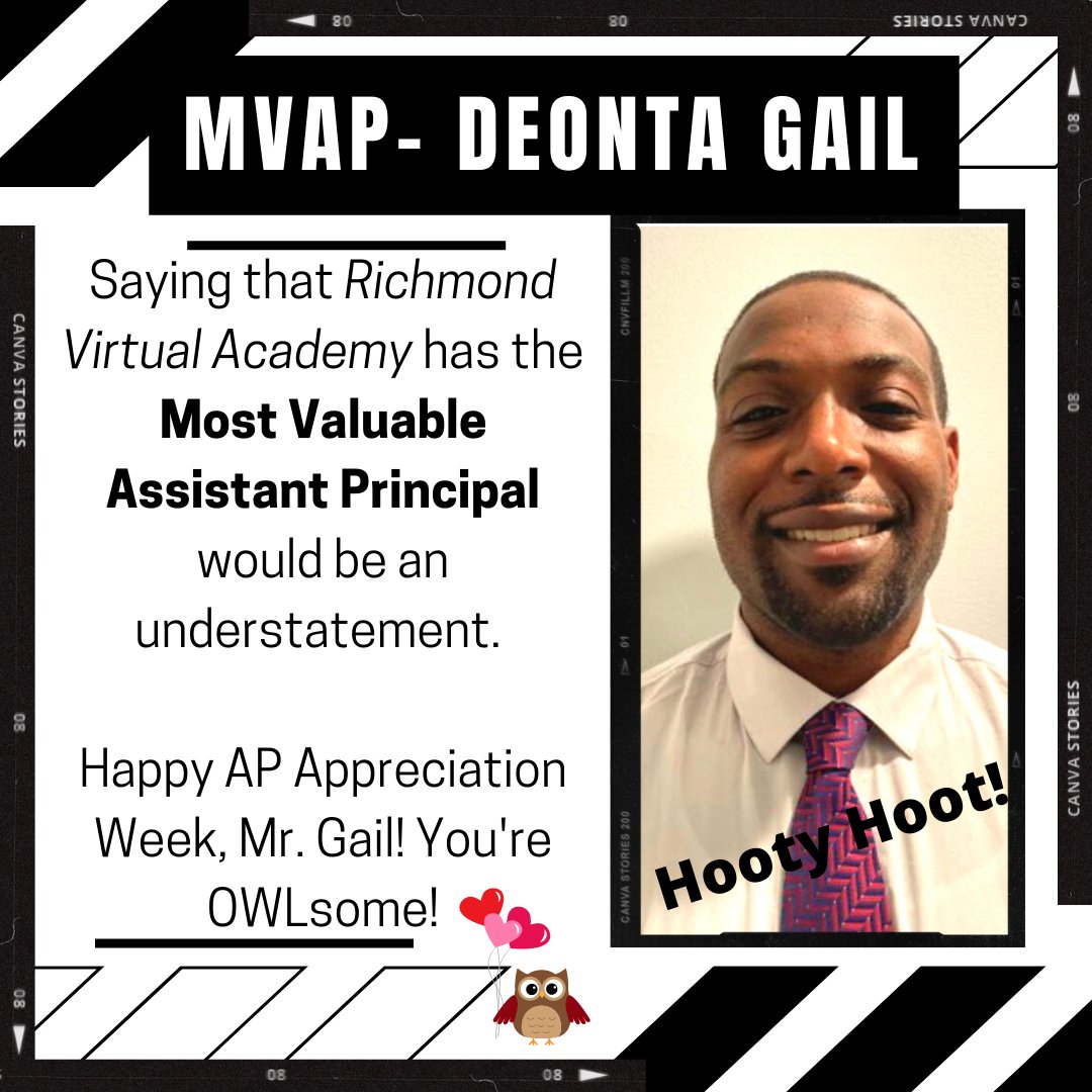 RVAOwls's tweet photo. Saying that Richmond Virtual Academy has the Most Valuable Assistant Principal would be an understatement.
Happy AP Appreciation Week, Mr. Gail! You're OWLsome!
#WeAreRPS #RichmondVirtualAcademy #bestAP #assistantprincipalweek #MVAP https://t.co/CGefCEuYp1