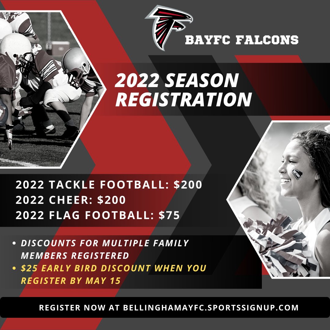 Bellinghamayfc's tweet photo. Registrations for the falls season are open for our Bellingham Falcons football and cheer!  Register by May 15th and get a $25 early bird discount!  🏈📣

#youthsports #bayfc #falconsfamily #football #cheerleading https://t.co/yreGqp0EUO