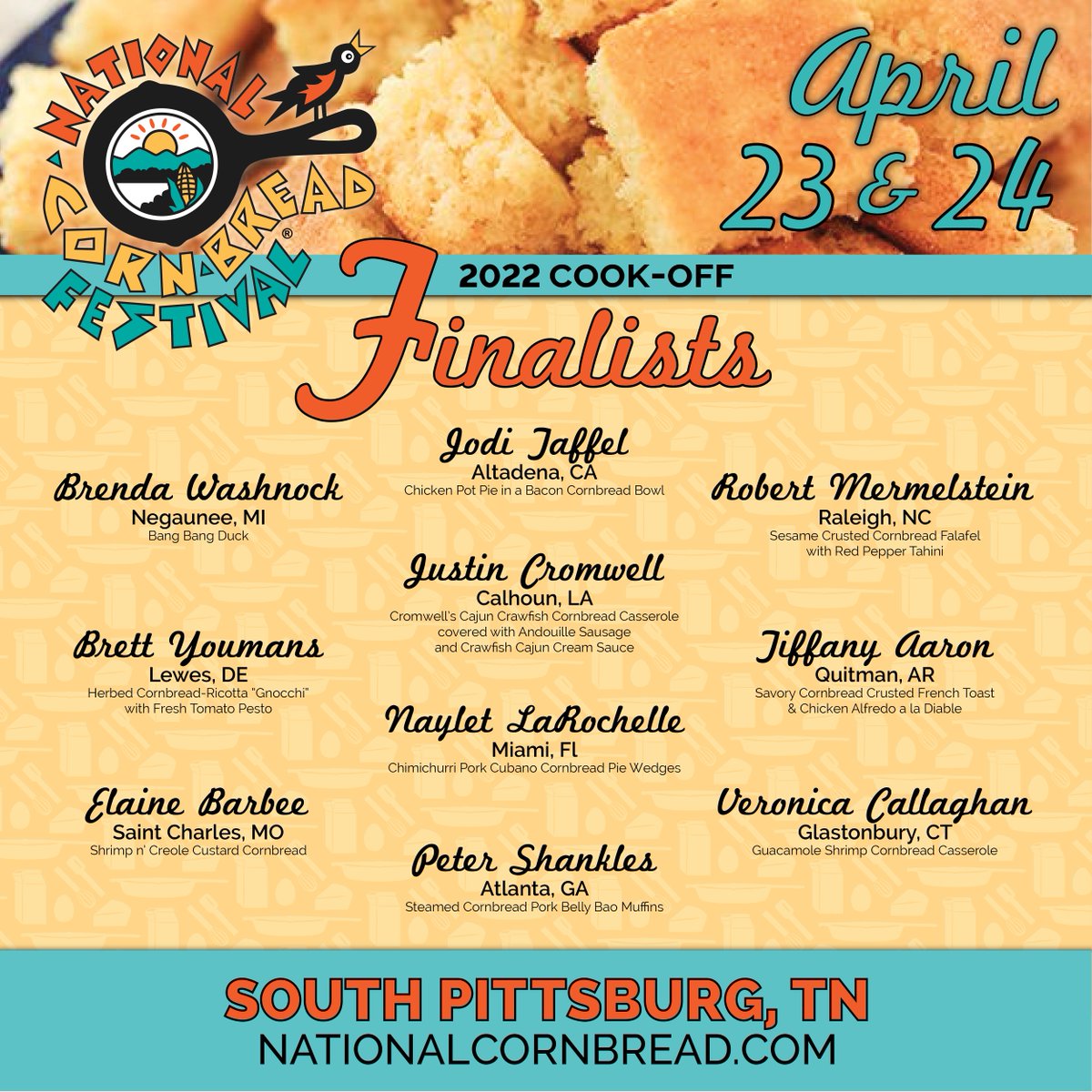 cornbread_fest's tweet photo. We're so excited for the 2022 National Cornbread Cook-Off! These are the contestants that will be competing for the $5,000 cast prize and the coveted skillet crown. #cornbreadfest https://t.co/jTeM10QRm4