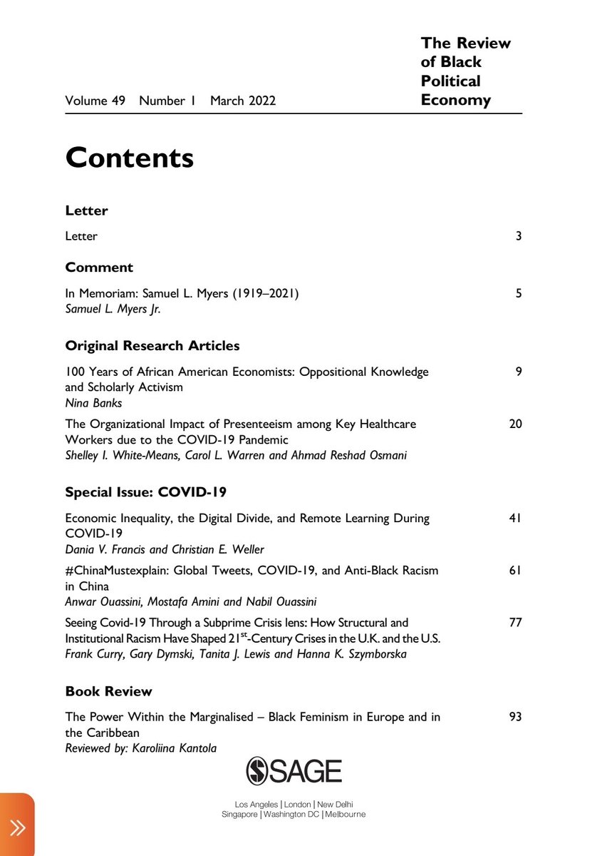 Check out the March 2022 issue of The Review of Black Political Economy. In it we remember Dr. Samuel L. Myers. 
journals.sagepub.com/toc/rbp/current