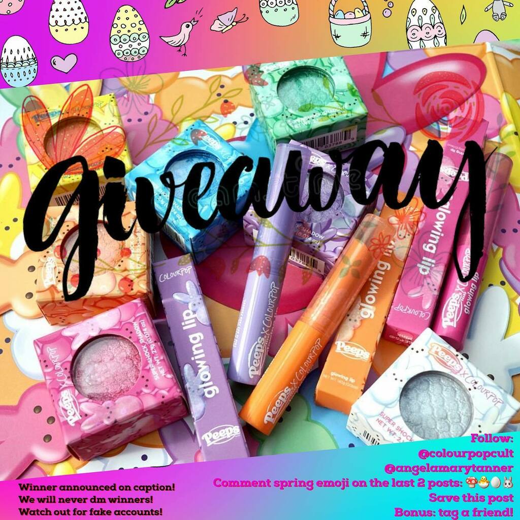🐣 COLOURPOP x PEEPS GIVEAWAY!! 🐣
.
Giveaway time!!! We're giving away the entire @colourpopcosmetics x PEEPS collection to one lucky follower!
.
👇🏻HOW TO ENTER 👇🏻
.
✔1. FOLLOW:
<a href="/colourpopcult/">Colourpopcult</a>
@angelamarytanner 
.
✔2. SAVE THIS POST
.
✔3. COMMENT … instagr.am/p/CcJIenHuHWF/