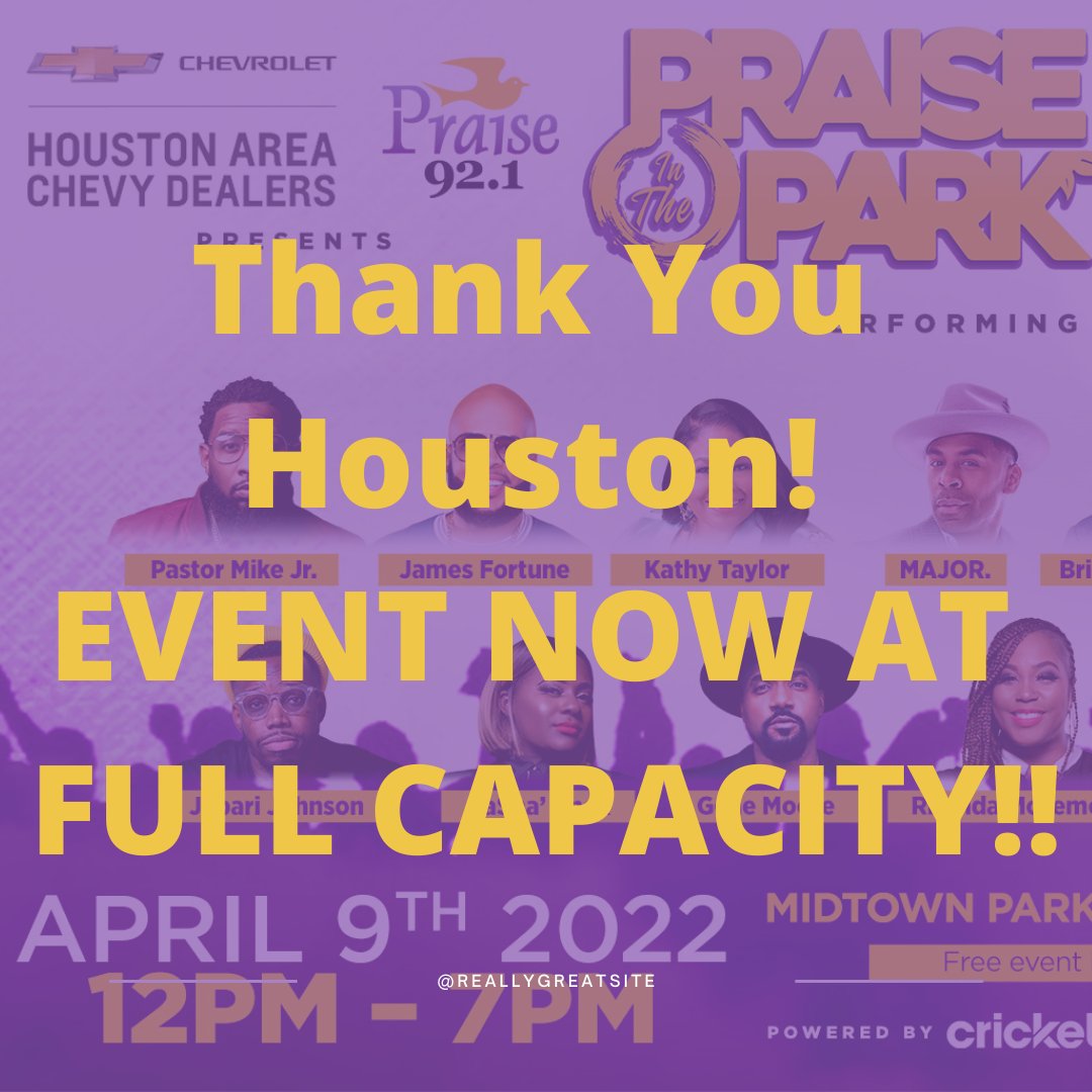 praisehouston's tweet image. WOW! Just 3 hours into the event and #MidtownPark is at FULL CAPACITY! The celebration continues, but entry into #PraiseInThePark is now closed. Thank you for making this event so amazing!