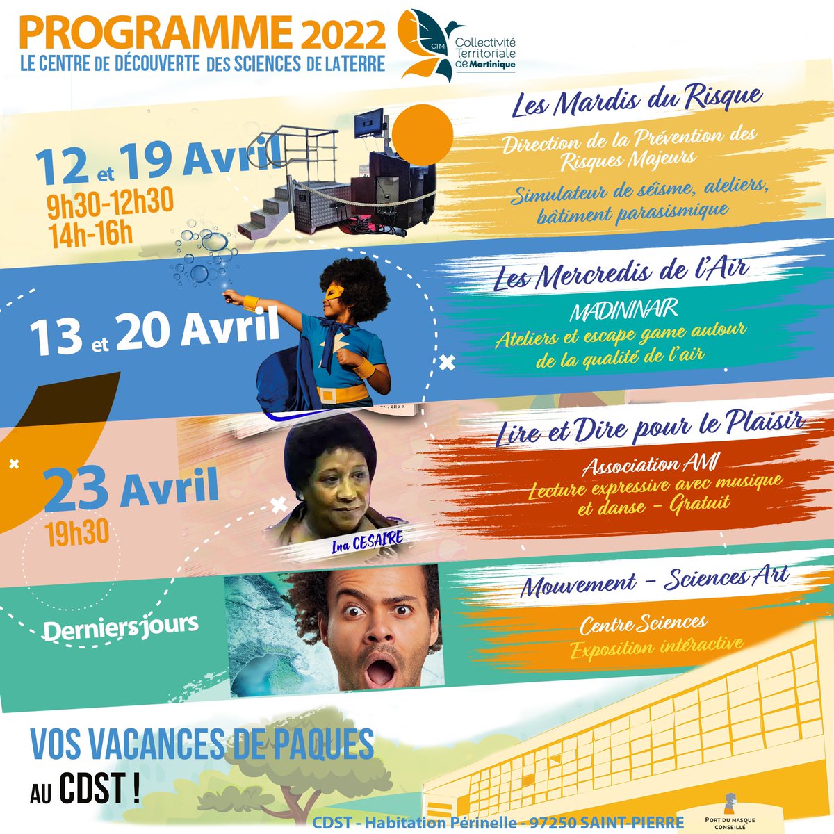 #Culture #BonPlan Vous ne savez pas quoi faire pendant vos vacances de Pâques ? 🐣🦀

Le Centre de Découverte des Sciences et de la Terre vous propose son programme ! 

Venez nombreux !

Infos et Réservations 📲0596 52 82 42