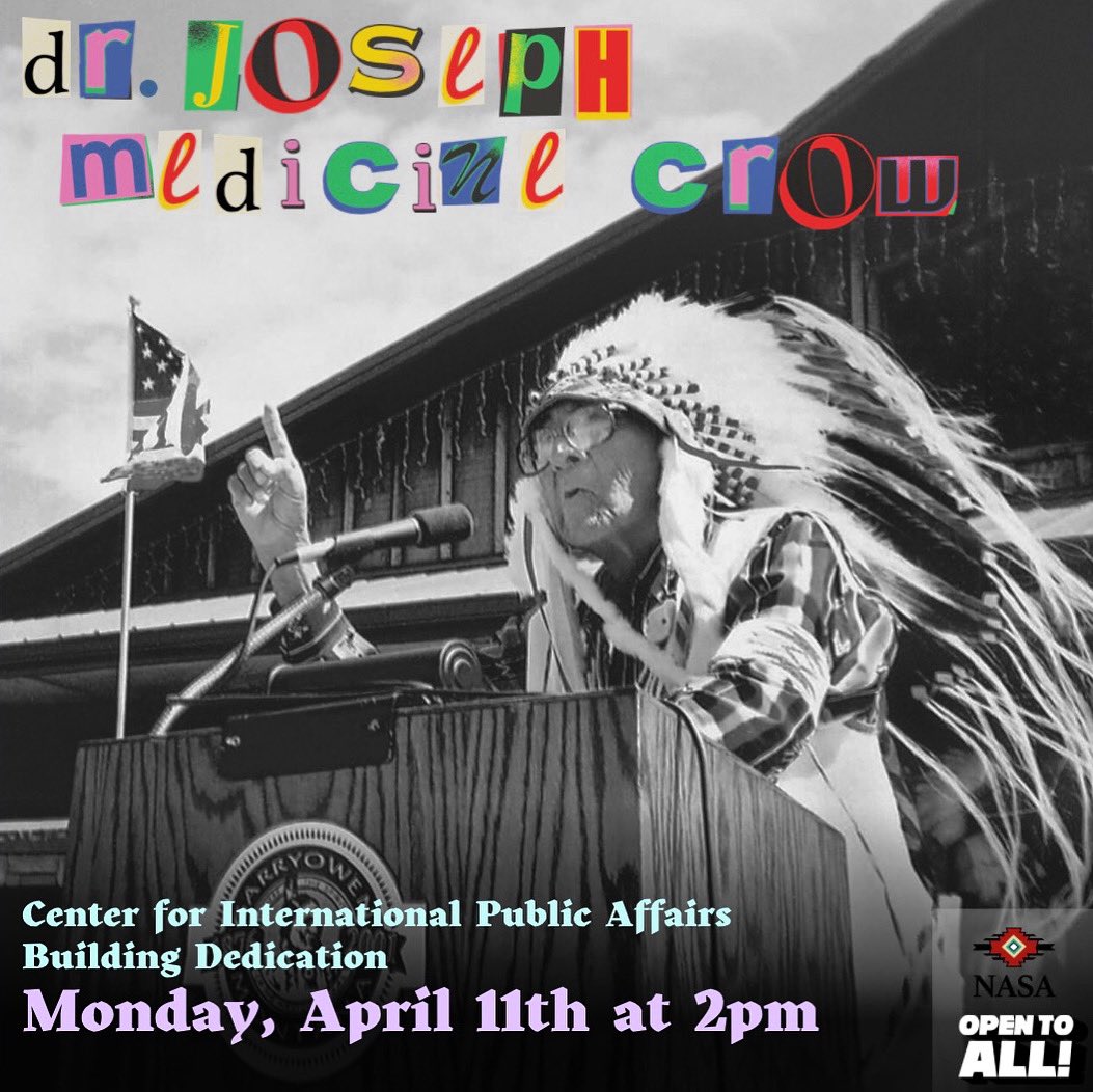 uscnasa's tweet photo. Please join us for this historic building dedication to Dr. Joseph Medicine Crow. This will take place Monday, April 11th at 2pm at the Center for International and Public Affairs. We can’t wait to share this moment and honor with you in memorializing such a legendary alum. https://t.co/RoVHkRHztP