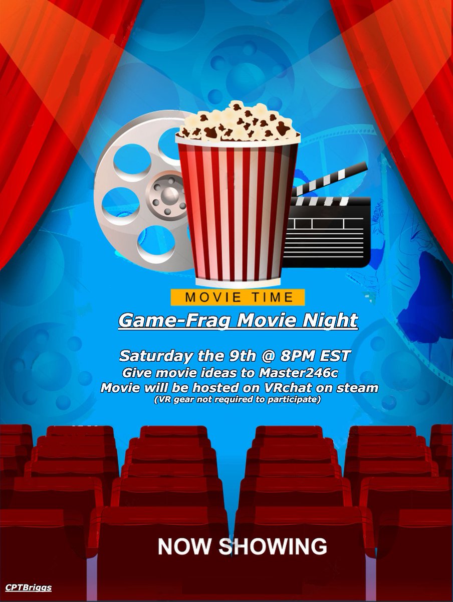 The Game Frag team is hosting a #movienight tonight at 8pm EST on our #discord server and we want everyone there

It will take place in #VRchat (Free on #steam and you don't need a VR headset!)

For a night of #community entertainment join us here⬇️⬇️⬇️⬇️
discord.gg/aKy8sbGudZ