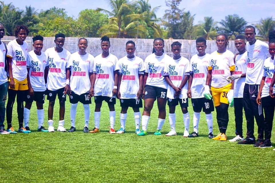 lfawomen's tweet photo. The champions sends a message before their 3-1 win kickoff against Hippo FC. 

“Say No To Discrimination” https://t.co/YJ6qGQqT6v