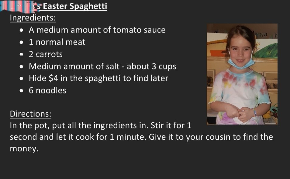 MsYoung_Kinder's tweet photo. Day 2 of Recipes of the Day from our class Easter cookbook. Enjoy!☺👩🏻‍🍳
#RecipeOfTheDay #Kindergarten #youngchefs
@Elwoodelementar @nlesd https://t.co/yN4GzVSixz