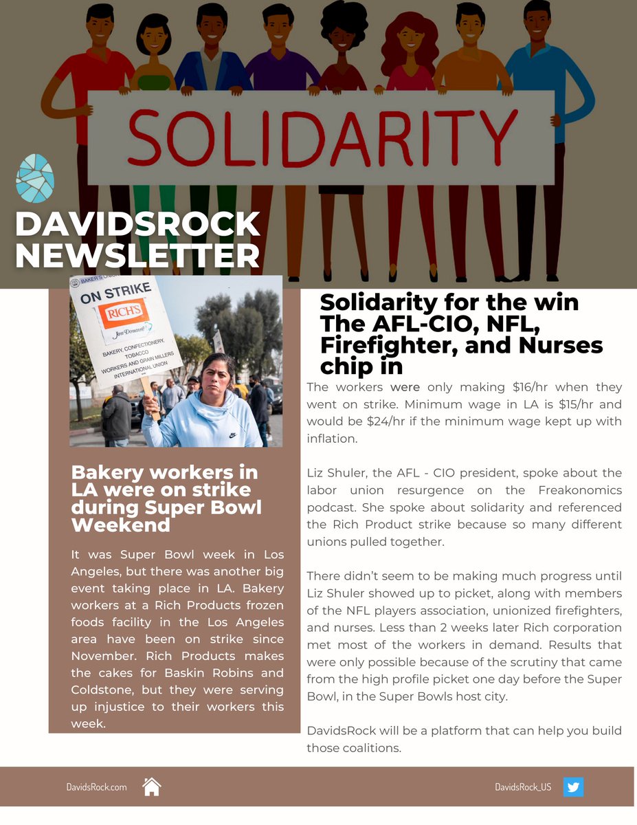 DavidsRock_US's tweet photo. In our second newsletter 🗞 we discuss how bakery workers in LA went on strike during Super Bowl weekend 

They teamed up with workers from different industries and they WON 🏆 

DavidsRock 🪨will make building these coalitions easy 
https://t.co/9J7kqsZcCA https://t.co/v2F4QDZMMF