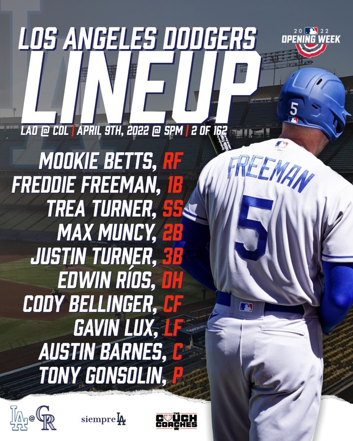 _couchcoaches's tweet photo. UPDATE: 

Revised Lineup For Today's Game.
Will Smith Scratched. We will update you on why when we are informed.

#dodgers2022
-
#TheCouchCoaches #Dodgers #la #losangeles #losangelesdodgers #siempreLA #losdoyers #itfdb #Rockies #MLBOpeningWeek https://t.co/RptZeuQ5uz