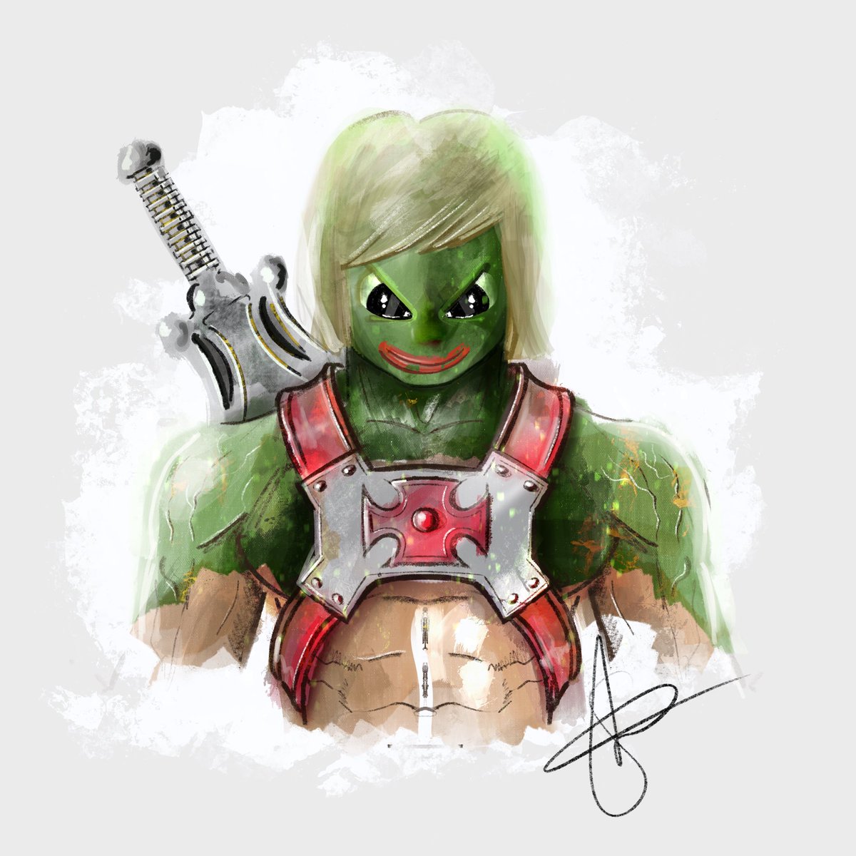 Damn putting a blonde bob on Pepe was surprisingly difficult. Could this be Pepetors arch nemeses Pe-man? He has the sword of grey skull at his back. Had to get <a href="/loisiirvine/">LOIS☀️</a> involved to help me out 🤣

<a href="/unchained_ninja/">Unchained Ninja</a> <a href="/AncientFroggy/">Froggy 🐸</a> you did ask to see it 😎🤩👇