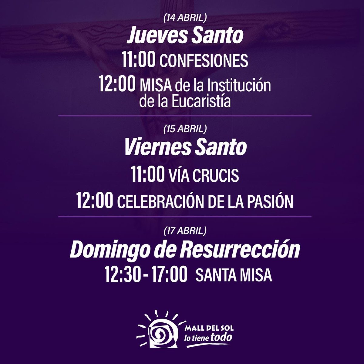 MALLDELSOL_EC's tweet photo. Falta poco para que comience Semana Santa ✝️
➡️ Desliza y conoce los horarios de las misas en la Capilla Santa Isabel
#MallDelSol #SemanaSanta #SiempreContigo #CapillaSantaIsabel https://t.co/T7I1ZX6E0l