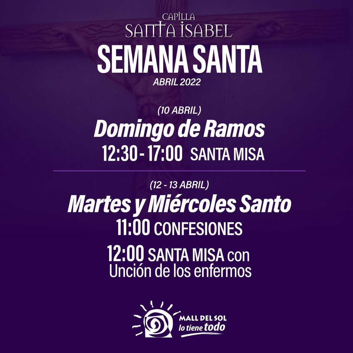 MALLDELSOL_EC's tweet photo. Falta poco para que comience Semana Santa ✝️
➡️ Desliza y conoce los horarios de las misas en la Capilla Santa Isabel
#MallDelSol #SemanaSanta #SiempreContigo #CapillaSantaIsabel https://t.co/T7I1ZX6E0l