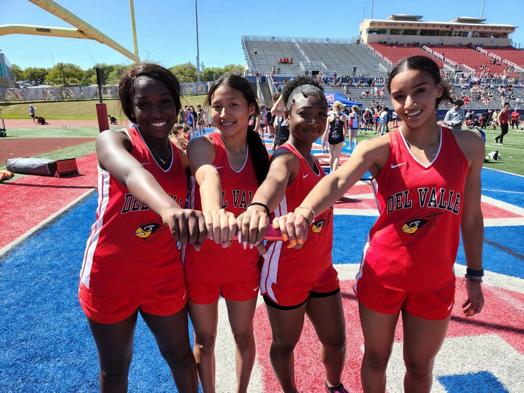 Congratulations to Janiyah, Danika, Mimmie, and Donnica for placing 1st in the Freshman Girls 4x100m relay with a time of 55.08‼️ #CTF #DVPROUD #DVYOUKNOW <a href="/dvisd_athletics/">Del Valle ISD Athletics</a> @DVCardsAD