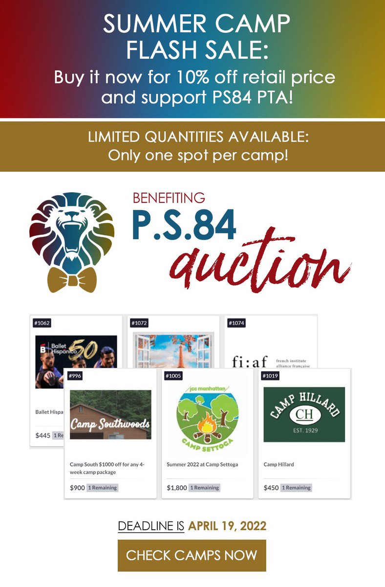 ps84_gala's tweet photo. 📣📣📣SUMMER CAMP FLASH SALE - book your child’s summer camp through our pre-auction sale and support PS84 💝💝💝 Sale ends on April 19, hurry🏃‍♀️🏃‍♂️‼️ https://t.co/Pzyplg9Pxd https://t.co/dvKapqYemj