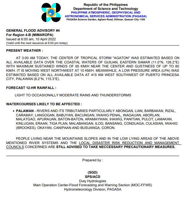 dost_pagasa's tweet photo. General Flood Advisories (GFAs) 
Issued @ 6AM, 10 April 2022
Region 4B (MIMAROPA) - #GFA4
Region 5 (Bicol Region) - #GFA7
Region 6 (Western Visayas) - #GFA9
Region 7 (Central Visayas) - #GFA9 https://t.co/UNzdBSPly6