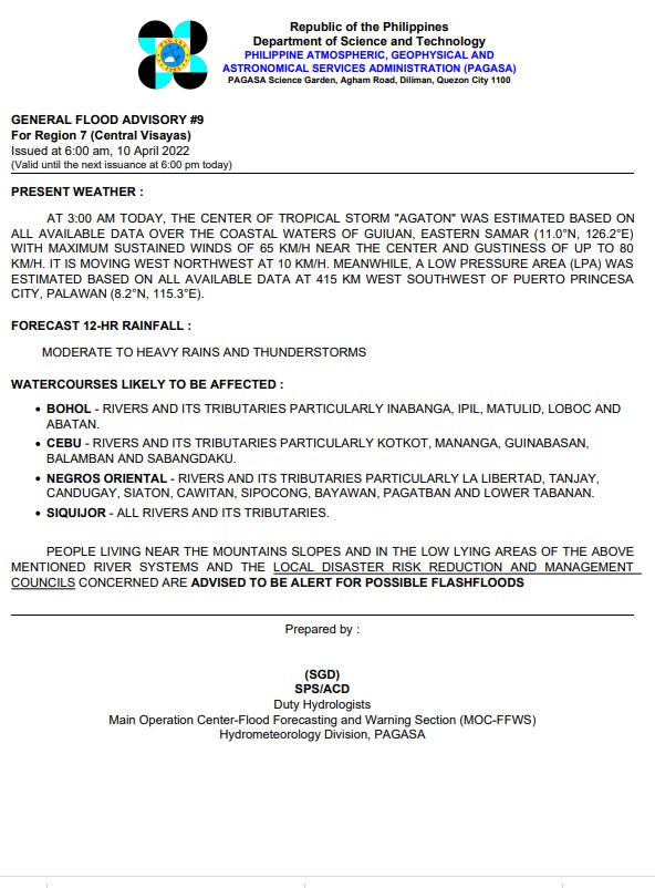 dost_pagasa's tweet photo. General Flood Advisories (GFAs) 
Issued @ 6AM, 10 April 2022
Region 4B (MIMAROPA) - #GFA4
Region 5 (Bicol Region) - #GFA7
Region 6 (Western Visayas) - #GFA9
Region 7 (Central Visayas) - #GFA9 https://t.co/UNzdBSPly6
