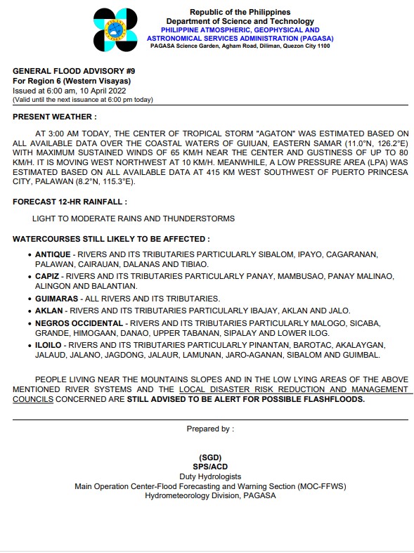 dost_pagasa's tweet photo. General Flood Advisories (GFAs) 
Issued @ 6AM, 10 April 2022
Region 4B (MIMAROPA) - #GFA4
Region 5 (Bicol Region) - #GFA7
Region 6 (Western Visayas) - #GFA9
Region 7 (Central Visayas) - #GFA9 https://t.co/UNzdBSPly6