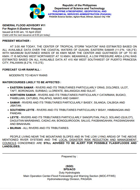 dost_pagasa's tweet photo. General Flood Advisories (GFAs)
Issued @ 6AM, 10 April 2022
Region 8 (Eastern Visayas) - #GFA11
Region 9 (Zamboanga Peninsula) - #GFA2
Region 10 (Northern Mindanao) - #GFA10
Region 13 (CARAGA) - #GFA11 https://t.co/Fjy4EJFjO9