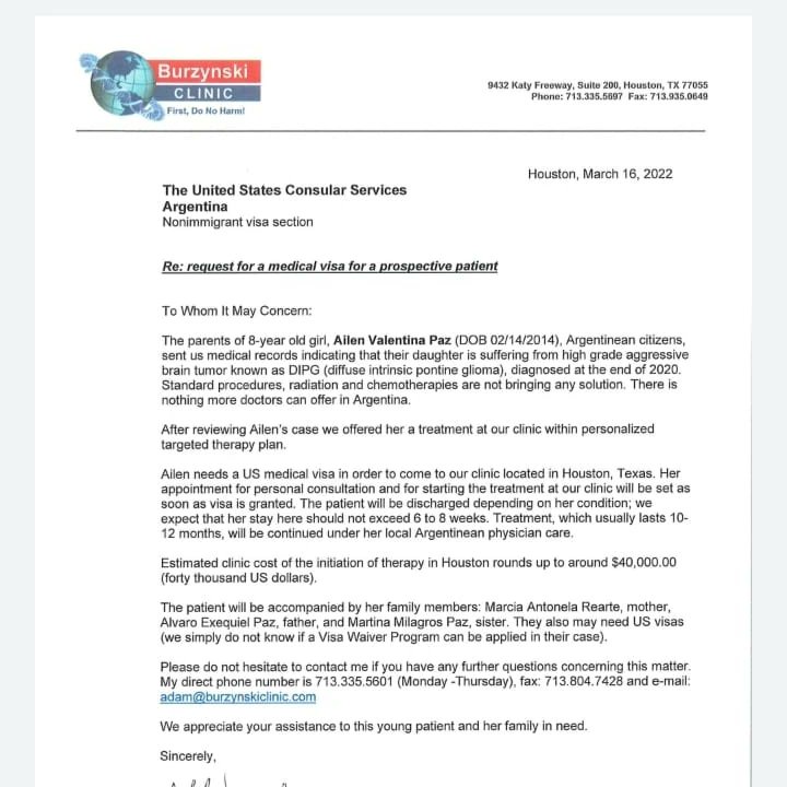 Si. Embajador de EE. UU <a href="/USAmbassadorARG/">Embajador Peter Lamelas</a> otorgue la VISA a Paz ailen Valentina tiene 8 años es de tucuman padece DIPG tumor maligno en el cerebro necesita viajar urgente a EE. UU. su familia esta desesperada tiene el tratamiento pago Alvaro +54 9 11 6277-6804 (padre)