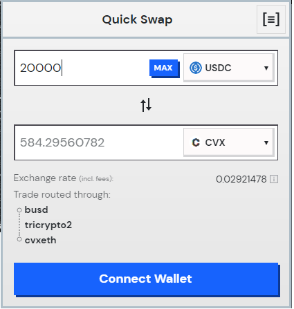 DefiMoon's tweet photo. It appears the Curve router is already live at https://t.co/hWgDFBDmpG 👀

On a $20k $USDC -> $CVX swap, the Curve router blows Uniswap and SushiSwap out of the water. At $50k and up, Curve's advantage in liquidity becomes even more apparent.🤩

👑👑👑👑👑
$CRV 👑 $CVX
👑👑👑👑👑 https://t.co/1NrASUaVaH