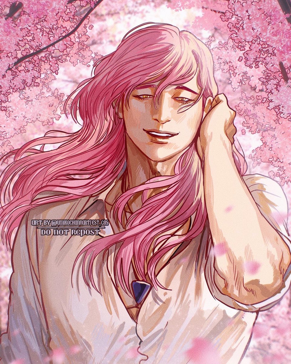 male focus long hair 1boy solo pink hair shirt cherry blossoms  illustration images