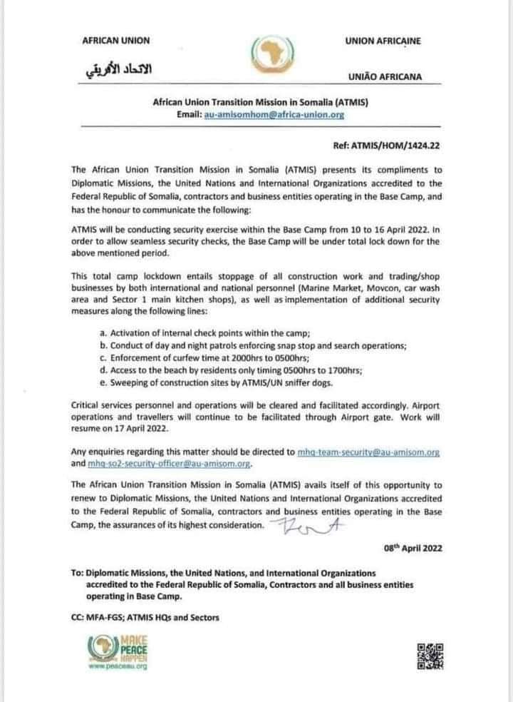 alihwarsame's tweet photo. Wow what did #ATMIS say?!.
Total Halane base-camp lockdown from 10/04 to 16/04, including 14 April, the date earmarked for the swearing-in of the new federal MPs?!.
Does this mean that #ATMIS are now taking sides as #AU?!. https://t.co/RRHPrCRK9t