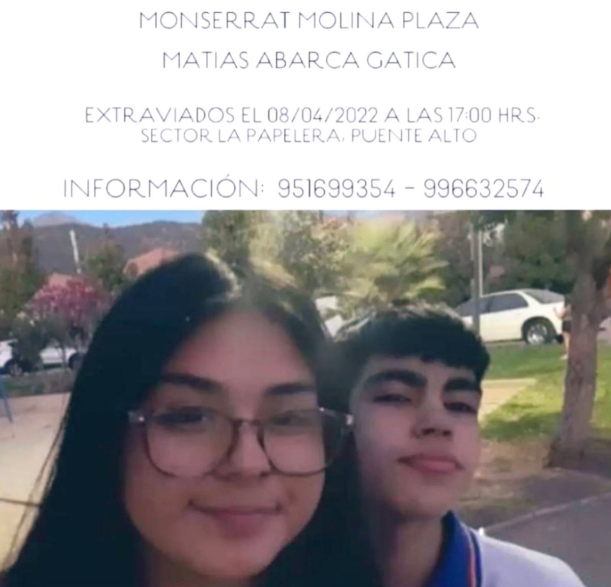 mjossandon's tweet photo. 🚨NIÑOS EXTRAVIADOS

Por favor, pongan atención a las fotos de Monserrat Molina y Matías Abarca y si pueden, ayuden compartiendo sus imágenes para encontrarlos pronto. 

Desaparecieron en el sector de la Papelera #PuenteAlto a las 14 hrs de ayer.

#MonserratMolina 
#NicolasAbarca https://t.co/nV4CWB14d5