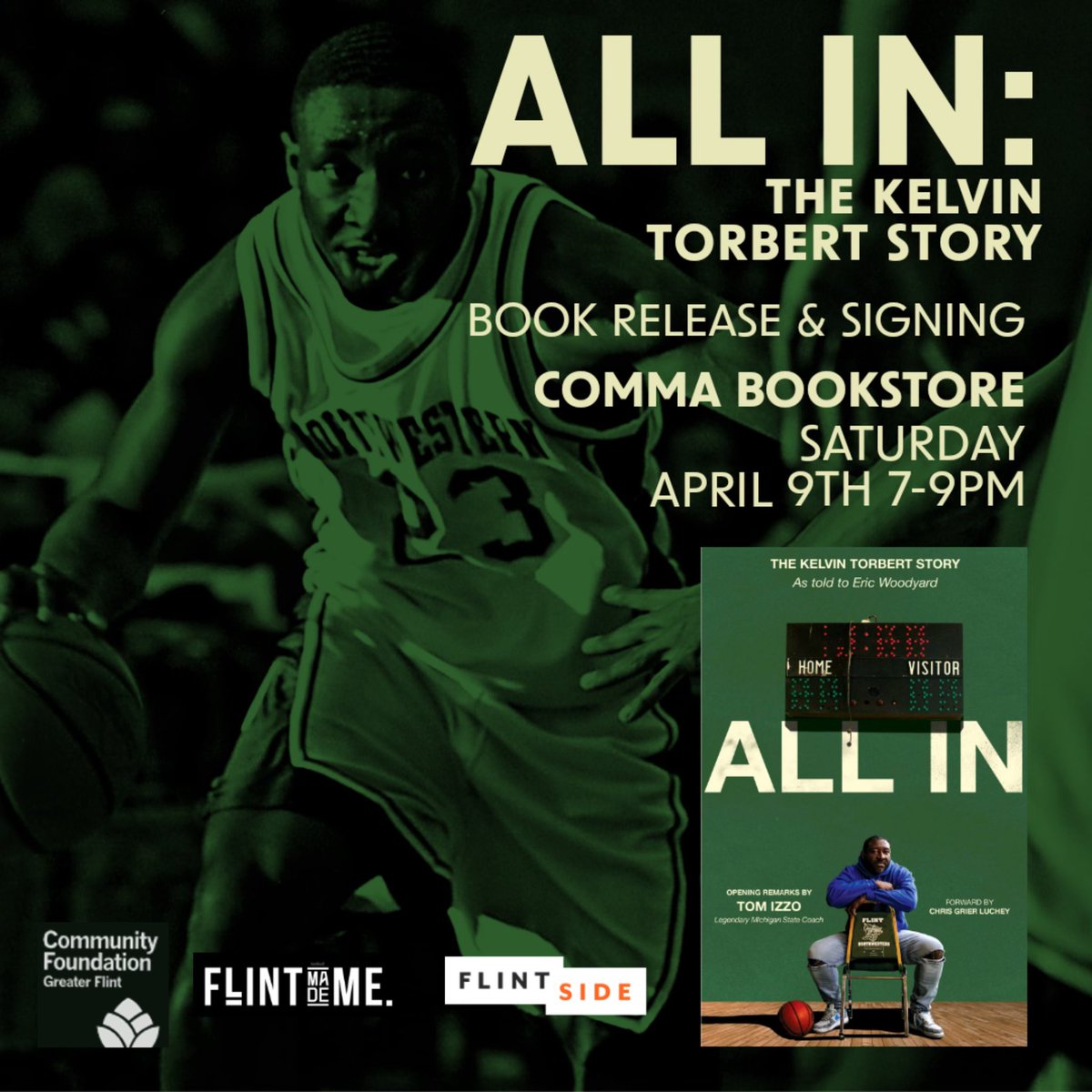 _FlintMadeMe's tweet photo. Don’t miss tonight’s book signing for “All In: The Kelvin Torbert Story.” 

Also, come get your commemorative edition #FlintMadeMe shirt tonight at Comma Bookstore &amp; Social Hub in Flint. 🔥🔥 #FlintMadeMe https://t.co/rpaagpjhQR
