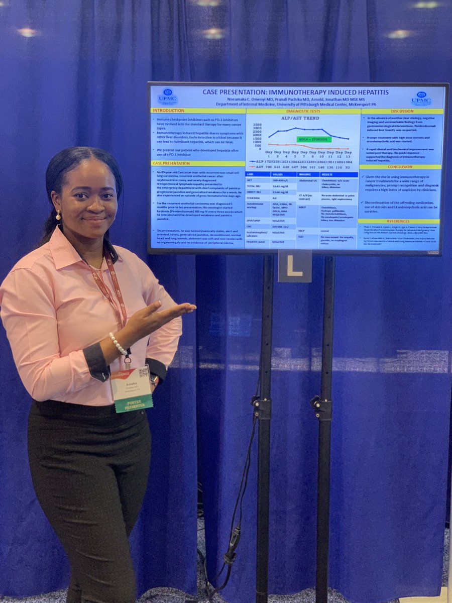 Proud to have presented my abstract poster on “immunotherapy induced hepatitis” at the annual #ShmConverge22 #SHMConverge at Nashville TN. Thanks to the @SocietyHospMed for the opportunity 💉💊🔭 #MedTwitter