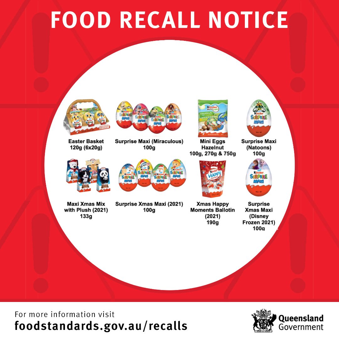 qldhealth's tweet photo. ⚠️ Food recall notice ⚠️

Ferrero Australia is conducting a recall due to potential microbial (Salmonella) contamination, for all best before dates.

Full details: https://t.co/P8YWGZ3SjZ https://t.co/K6RB064S9h
