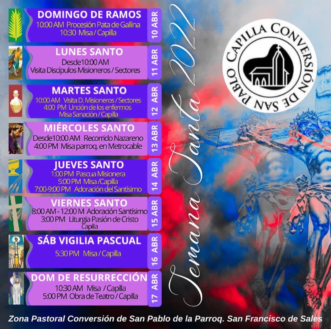 Todos invitados para participar en la celebración del Domingo de Ramos, alegre inicio de la Semana Santa. Comenzaremos con una procesión desde “para de gallina” a las 10:00 AM hasta la Capilla donde celebraremos la Santa Misa