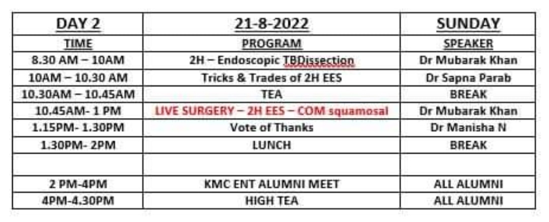 devi_ent's tweet photo. @entkmcmlr is happy to share the tentative Schedule for the EESCON KMC 2022.
As its golden jubilee of our PG program, we invite all the ENT Alumni of @KMC_Mangalore  - PG / UG (who are now ENT PGs elsewhere / ENT consultants). 
To register, kindly visit:  https://t.co/3Gu1tb6LtB https://t.co/vgx1FaADl1