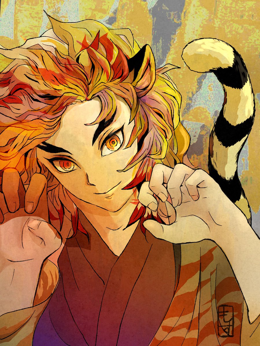 rengoku kyoujurou 1boy solo male focus tail animal ears japanese clothes tiger tail  illustration images