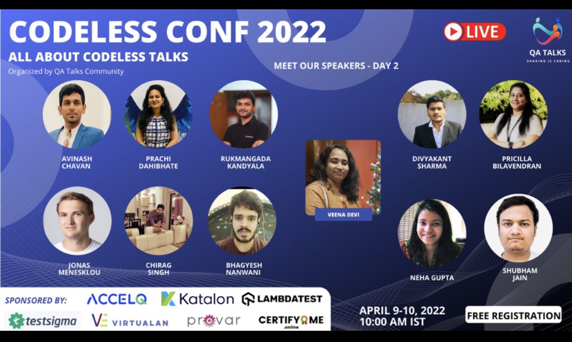 Are you all ready for day 2
Check <a href="/QTechtalks/">QA Talks Community</a>   
 We have amazing speakers team today  as well  few more hours to go🤩  

Thanks to our sponsors 
<a href="/ProvarTesting/">Provar</a> 
@lambdatesting 
<a href="/VirtualanS/">Virtualan Software</a> 
<a href="/testsigmainc/">Testsigma</a> 
<a href="/ACCELQ/">ACCELQ</a> 
<a href="/katalon_studio/">Katalon</a>