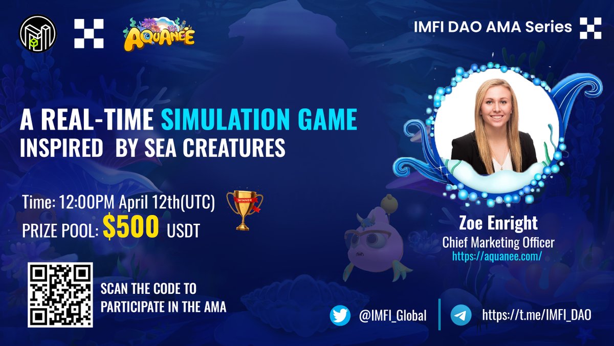 #AMA #Giveaways 
🎁Reward Pool: 500$ + <a href="/ProjectGalaxyHQ/">Now Galxe (Previously Project Galaxy)</a> #OAT for participants

📅12PM April 12th UTC
📍 t.me/IMFI_DAO

📑 To Enter
⭐RT Like Follow @IMFI_Global <a href="/aquanee/">AQUANEE</a>
⭐Leave Questions + Tag Friends with #AMA #Aquanee
⭐️Join t.me/AQUANEE

#ProjectGalaxy