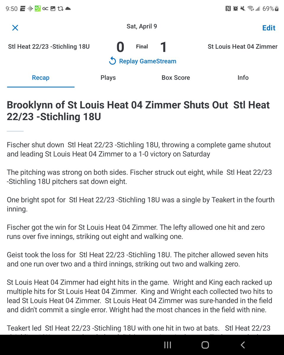 stlheatzimmer's tweet photo. Game 2 Recap: @BrooklynnFisch1 gets the SHUT OUT Win for game 2 against St. Louis Heat Stitchling. Myah King and Emily Wright racked up multiple hits.  @smashleighD18 brought her super fast speed 🤣🤣 to cross the plate as our only run from a line drive single by Alyssa Moran. https://t.co/SzxHbJImE2