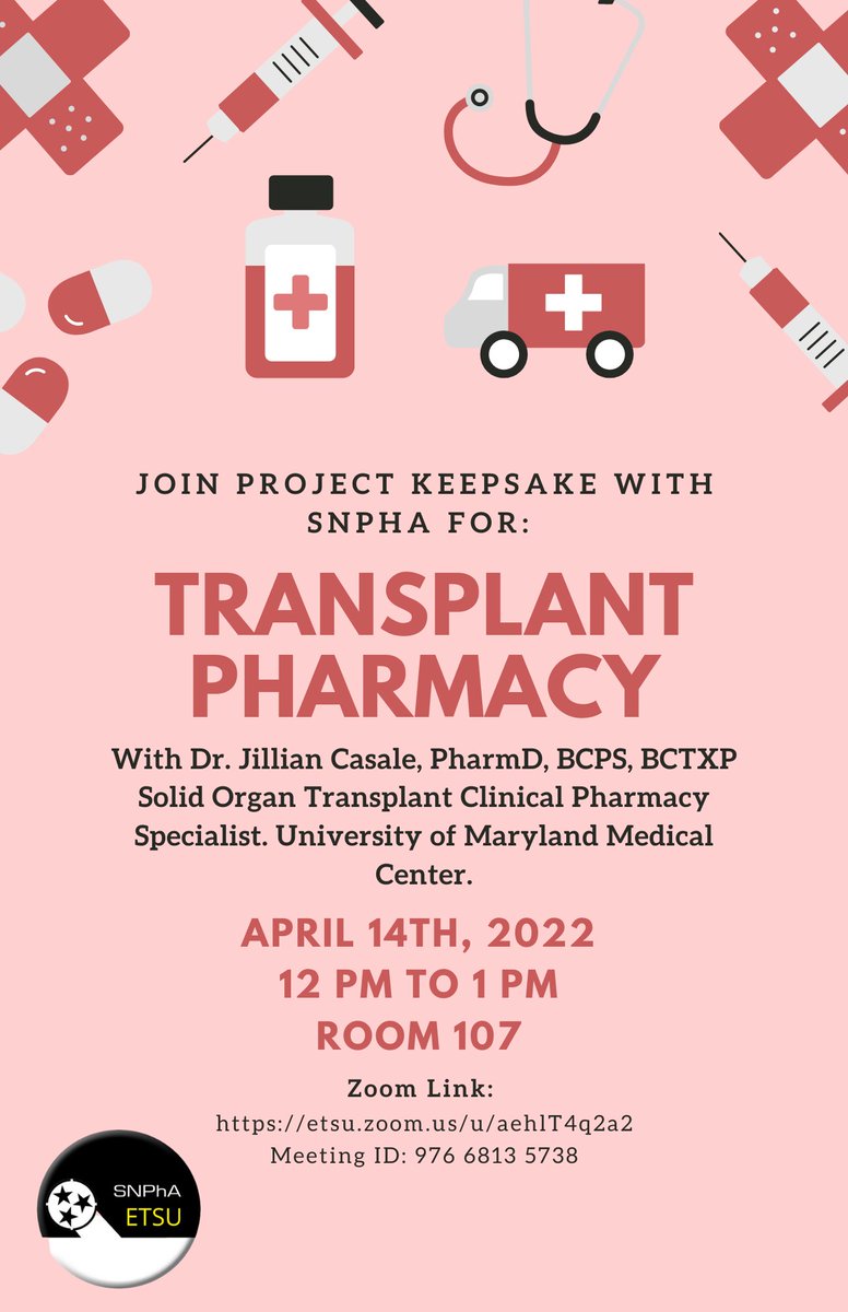ETSUSNPhA's tweet photo. Our Project Keepsake initiative is hosting a lunch &amp; learn on transplant pharmacy! We are excited to have Dr. Jillian Casale, PharmD, BCPS, BCTXP, a solid organ transplant clinical pharmacy specialist!

#ETSUSNPhA #SNPhA #ETSUPharmacy #SNPhARegion2 #GrowingFromOurROOTS #SNPhAPK https://t.co/VLeUT9Ur0Y