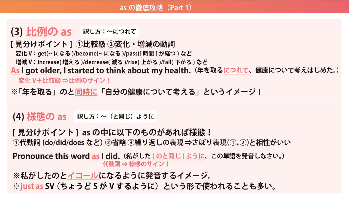 gusshi_the_mate's tweet photo. みんながつまづく単語のasについて
徹底的にまとめました⭕️

これさえ押さえれば
接続詞のasはもう大丈夫🙆‍♂️

今回はPart 1 で
次回、前置詞などを扱います😊 https://t.co/ROIKPBCQnG