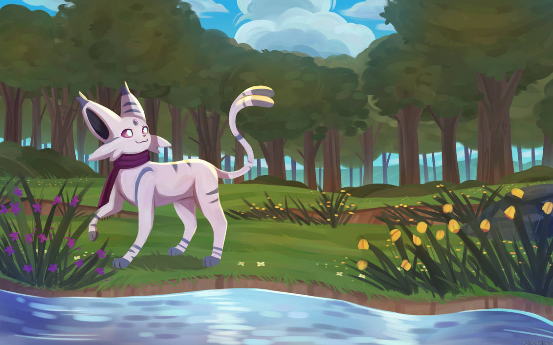 NovaEspeon's tweet photo. My spe Nova taking a little stroll next to the river.

Thank you to @cherivinca for the wonderful art piece! https://t.co/H8vGGUyVbR