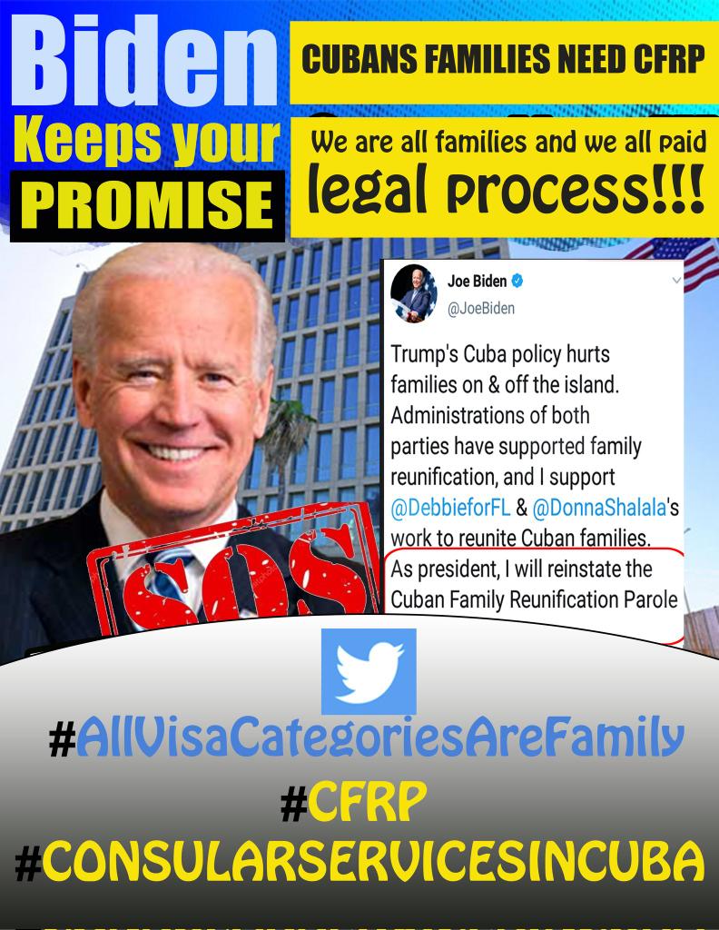 <a href="/USEmbCuba/">Embajada de los Estados Unidos en Cuba</a> Mr. President <a href="/POTUS/">President Donald J. Trump</a> we are families of American citizens who wait for a legal and safe Family Reunification process, it has been many years, please #CFRP
 <a href="/StateDept/">Department of State</a> <a href="/StateDeptSpox/">Tommy Pigott</a> <a href="/AliMayorkas/">Alejandro Mayorkas</a> <a href="/SecBlinken/">Secretary Antony Blinken</a> <a href="/WHAAsstSecty/">Bureau of Western Hemisphere Affairs</a> <a href="/WhiteHouse/">The White House</a> <a href="/USEmbCuba/">Embajada de los Estados Unidos en Cuba</a> #ConsularServicesInCuba